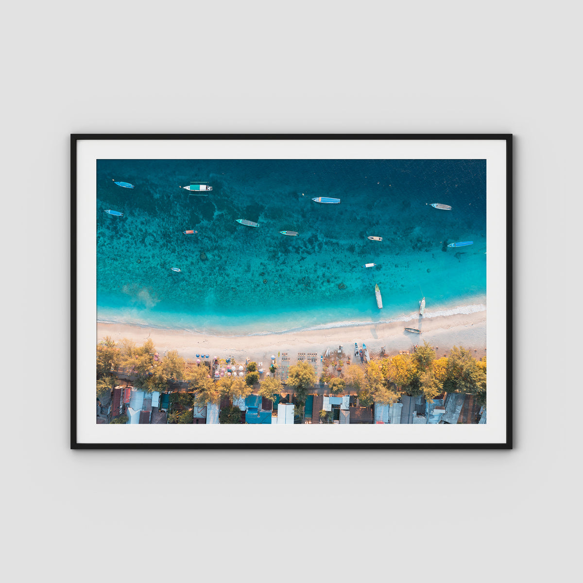 Gili T Boats - Art Print - Traditional Frame - Black - Landscape