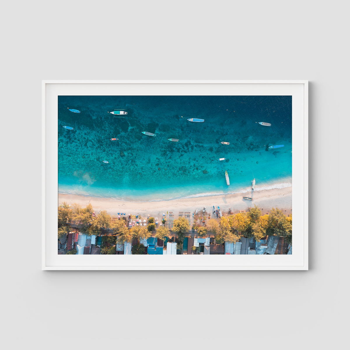 Gili T Boats - Art Print - Traditional Frame - White - Landscape