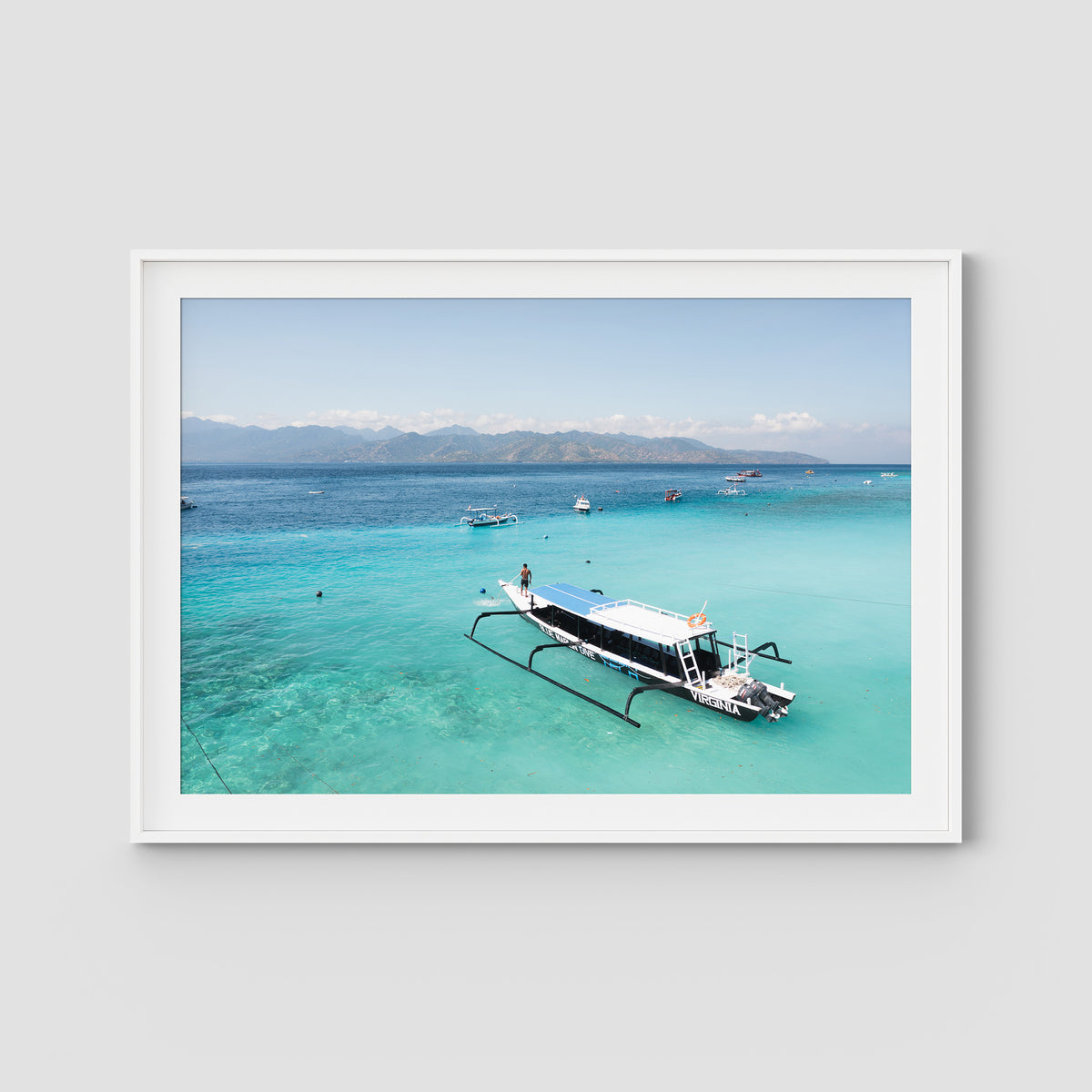 Gili T Longboat - Art Print - Traditional Frame - White - Landscape