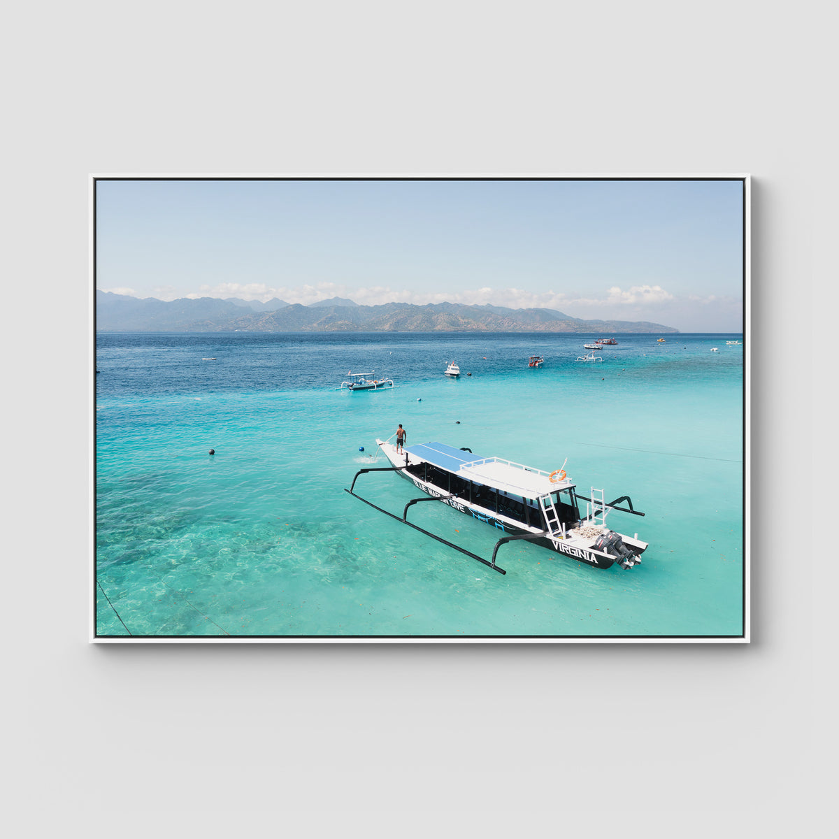 Gili T Longboat - Art Print - Float Frame Canvas - White - Landscape