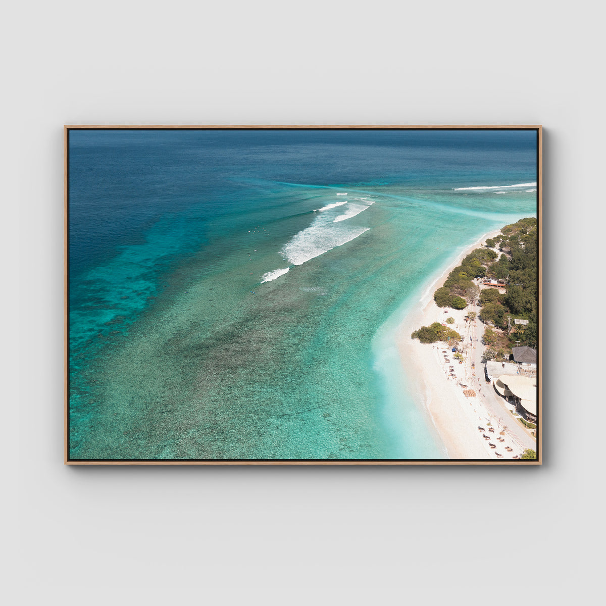 Gili T Surf Break - Art Print - Float Frame Canvas - Raw Oak - Landscape
