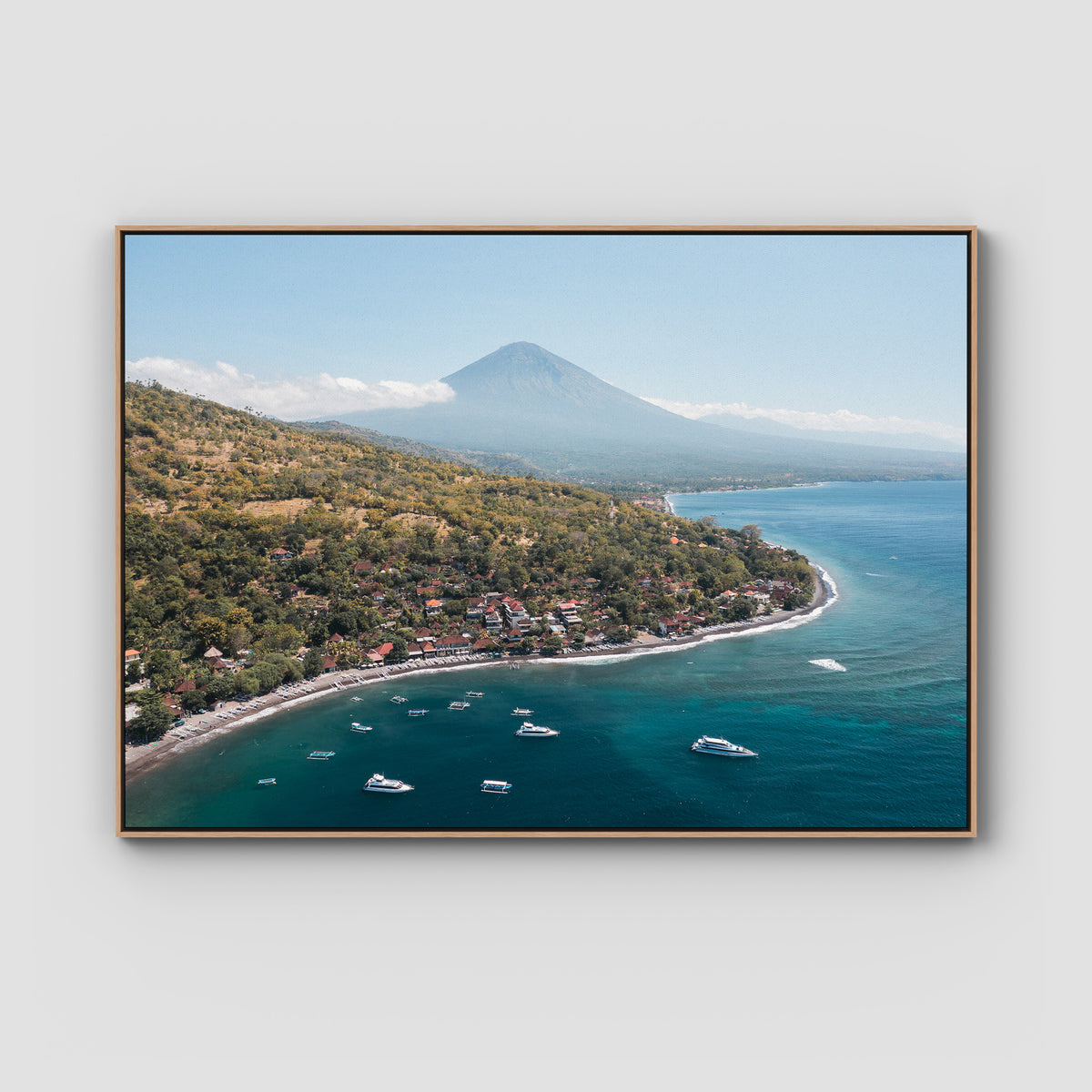 Amed &amp; Mount Agung ii - Art Print - Float Frame Canvas - Raw Oak - Landscape