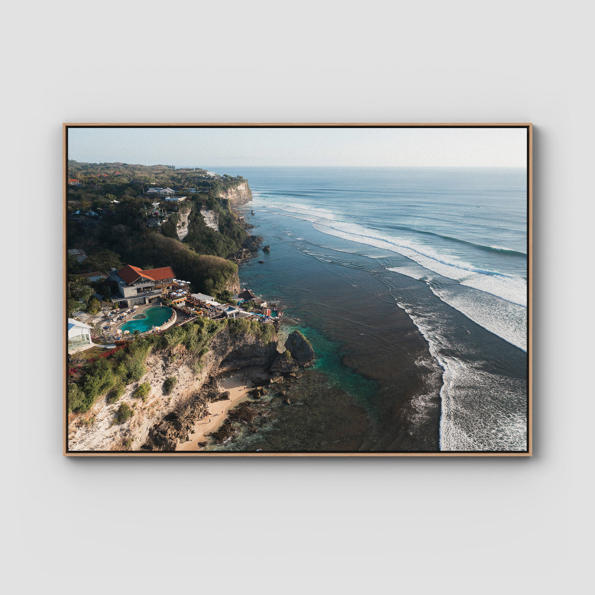 Single Fin Uluwatu  - Art Print - Float Frame Canvas - Raw Oak - Landscape