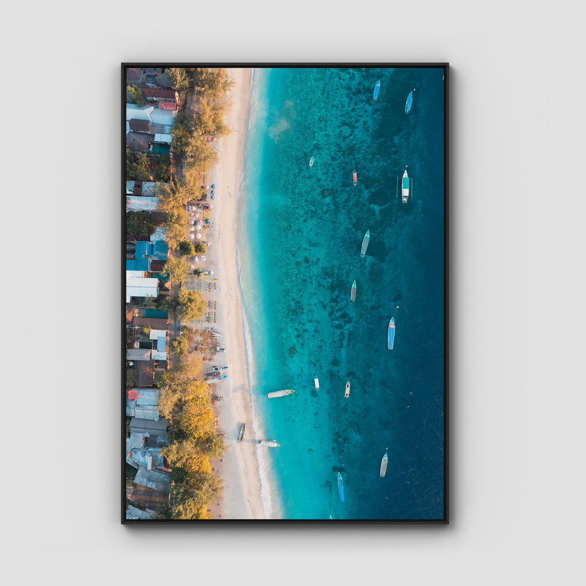 Gili T Boats - Art Print - Float Frame Canvas - Black - Portrait