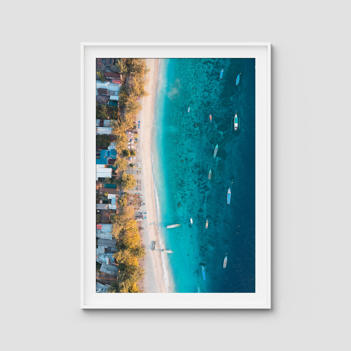 Gili T Boats - Art Print - Traditional Frame - White - Portrait