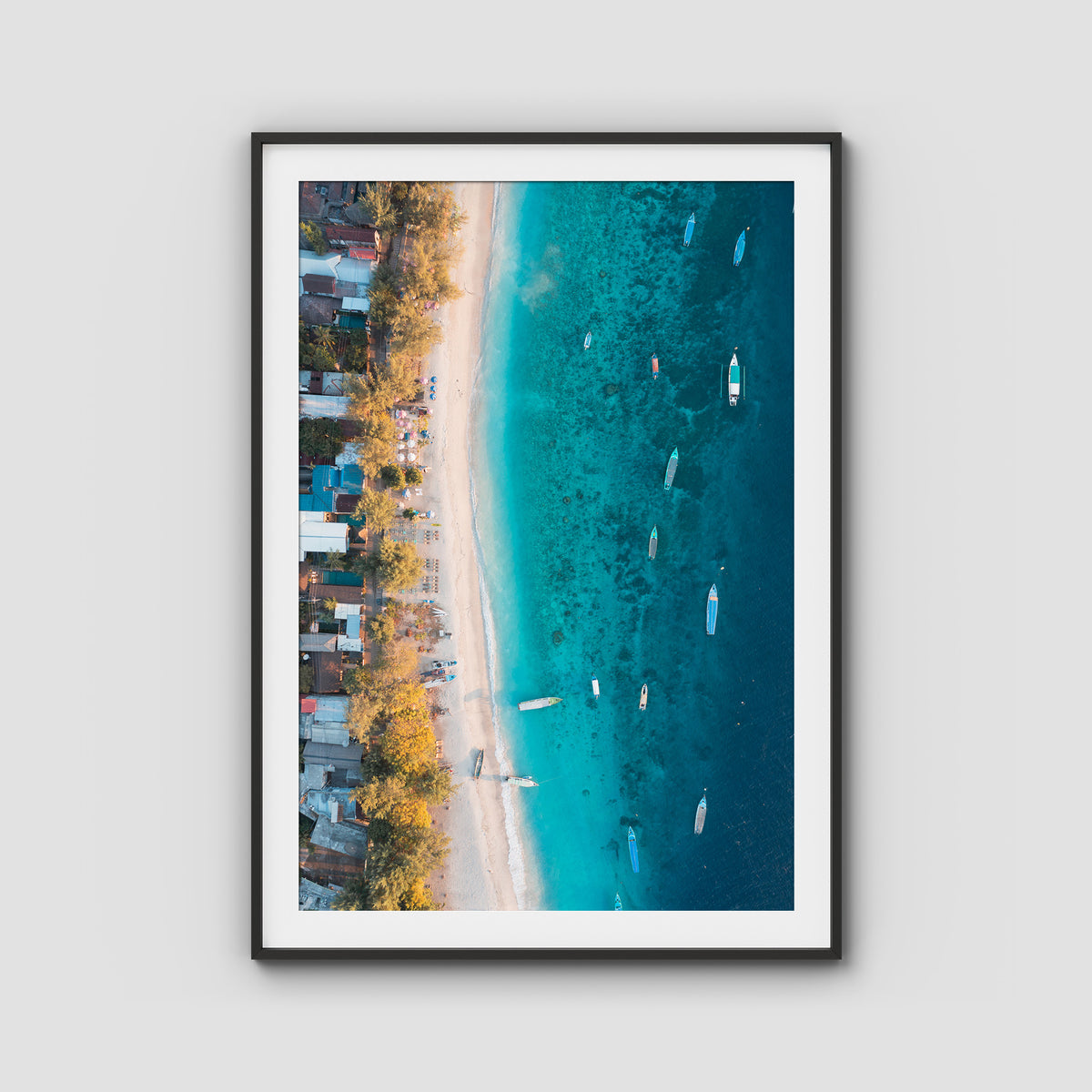 Gili T Boats - Art Print - Traditional Frame - Black - Portrait