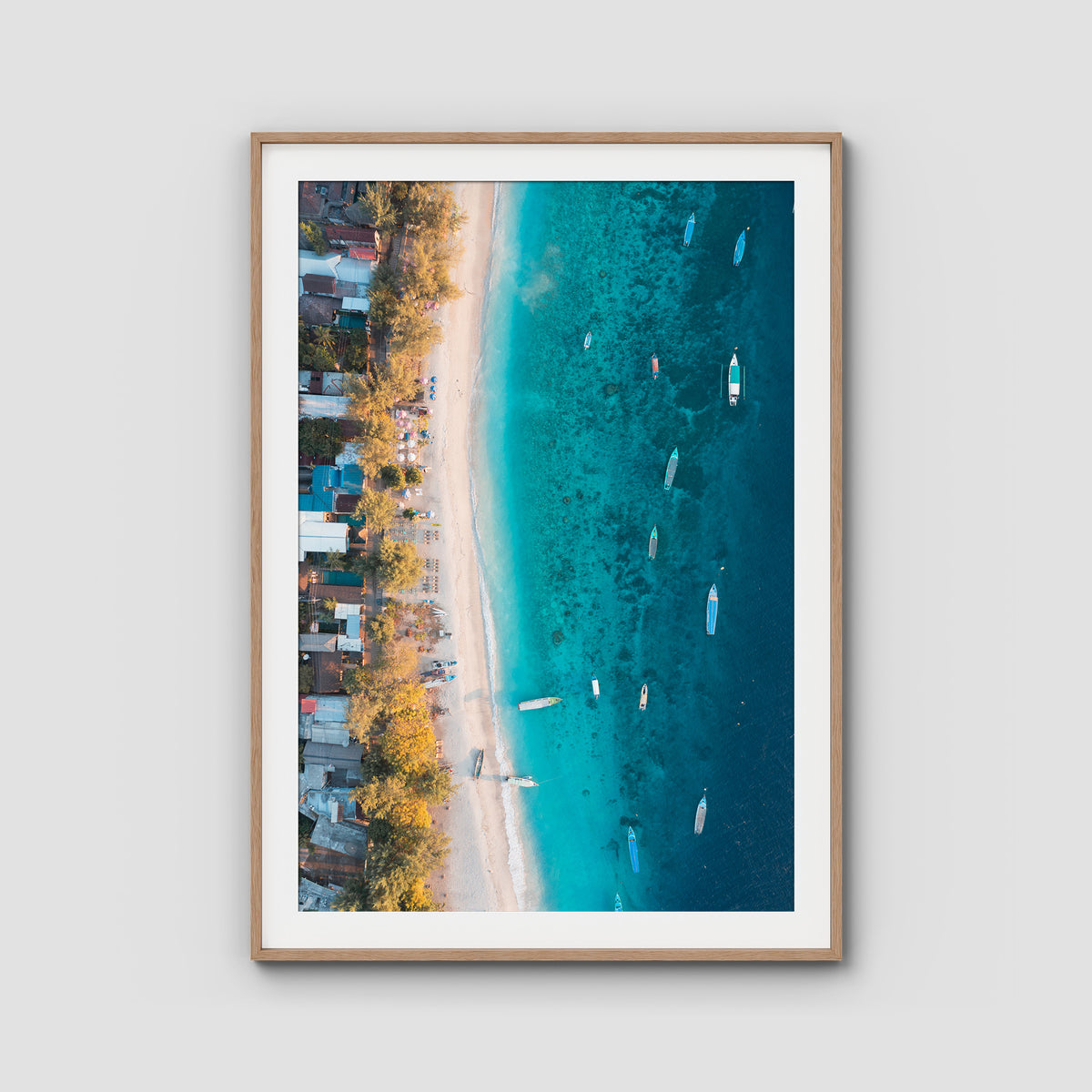 Gili T Boats - Art Print - Traditional Frame - Raw Oak - Portrait