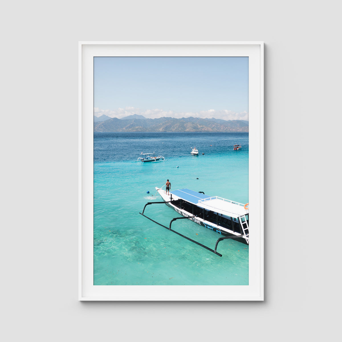 Gili T Longboat - Art Print - Traditional Frame - White - Portrait