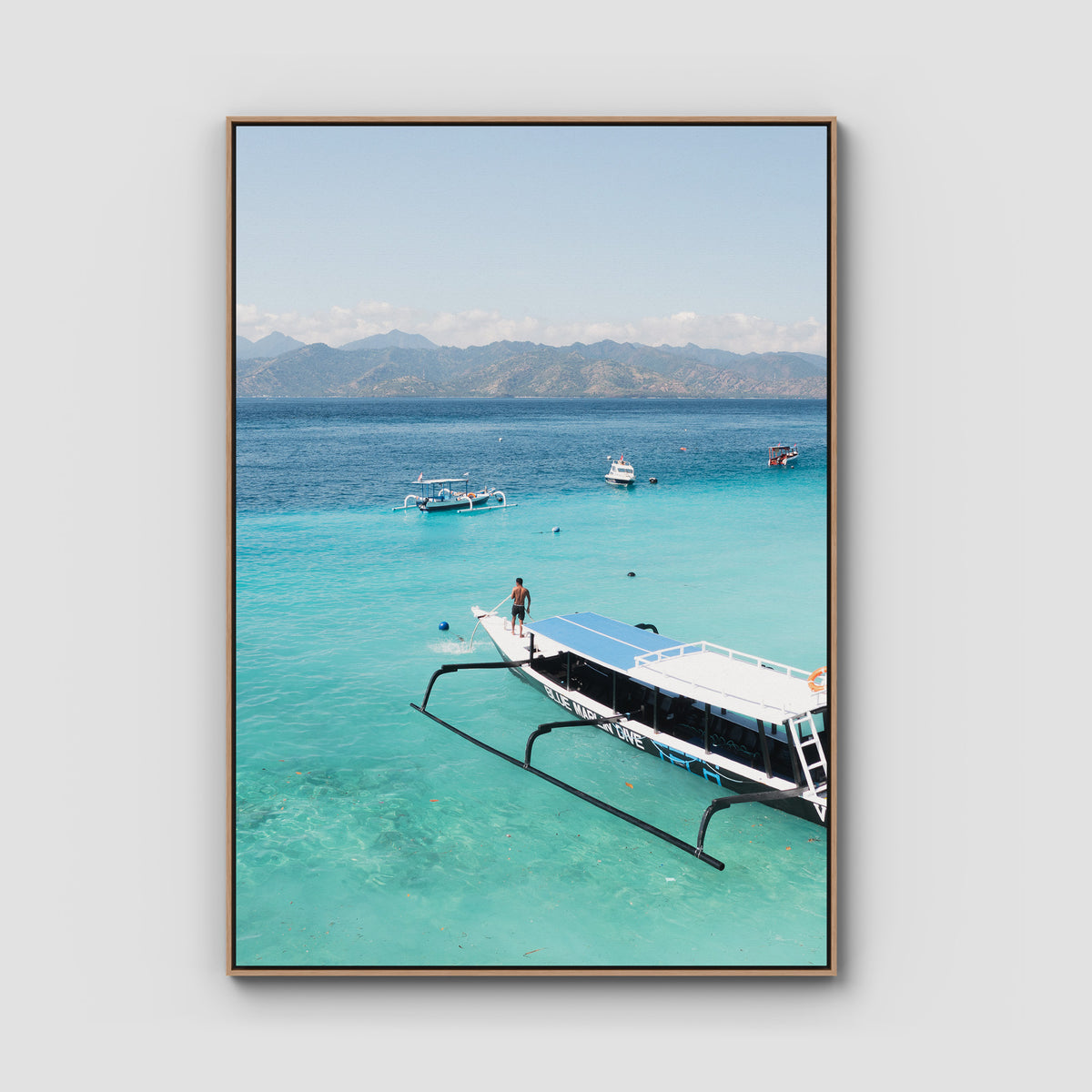 Gili T Longboat - Art Print - Float Frame Canvas - Raw Oak - Portrait