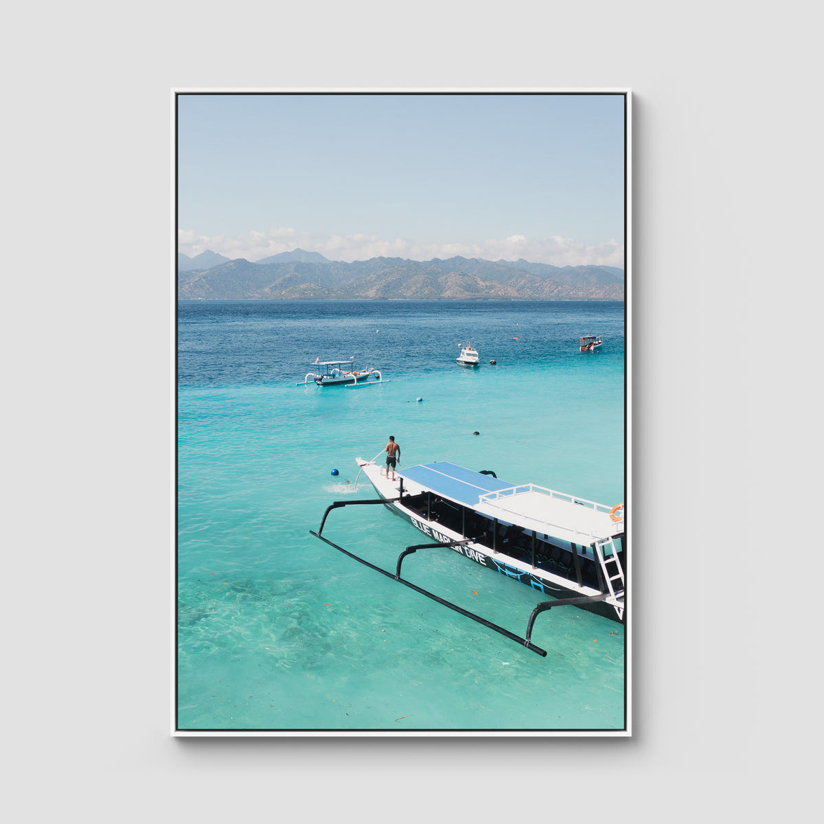 Gili T Longboat - Art Print - Float Frame Canvas - White - Portrait