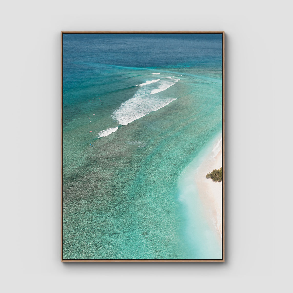 Gili T Surf Break - Art Print - Float Frame Canvas - Raw Oak - Portrait