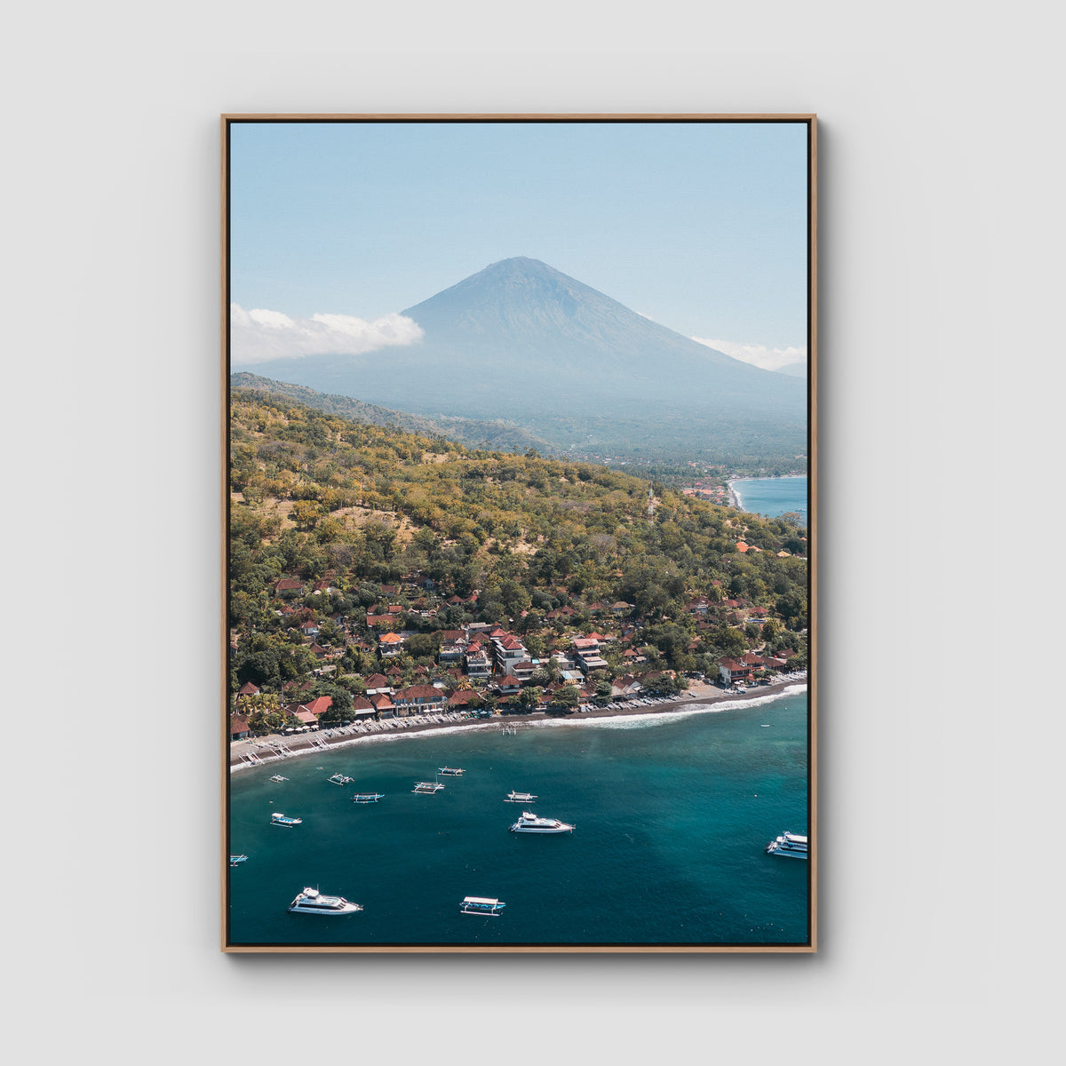 Amed &amp; Mount Agung ii - Art Print - Float Frame Canvas - Raw Oak - Portrait