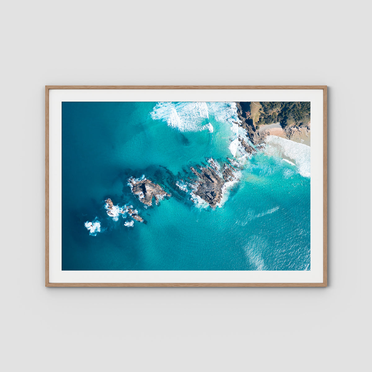 Broken Head Birds Eye - Byron Bay - Art Print - Traditional Frame - Raw Oak - Landscape