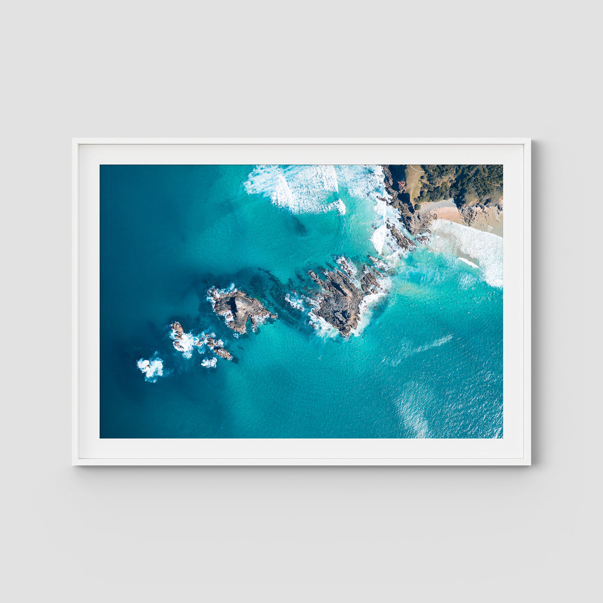 Broken Head Birds Eye - Byron Bay - Art Print - Traditional Frame - White - Landscape