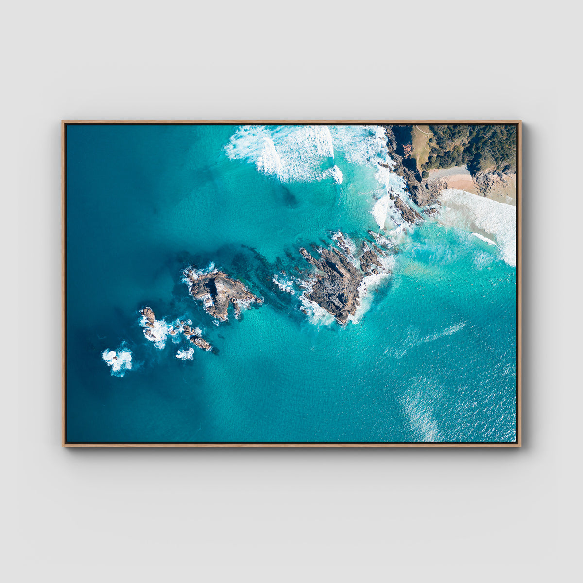 Broken Head Birds Eye - Byron Bay - Art Print - Float Frame Canvas - Raw Oak - Landscape