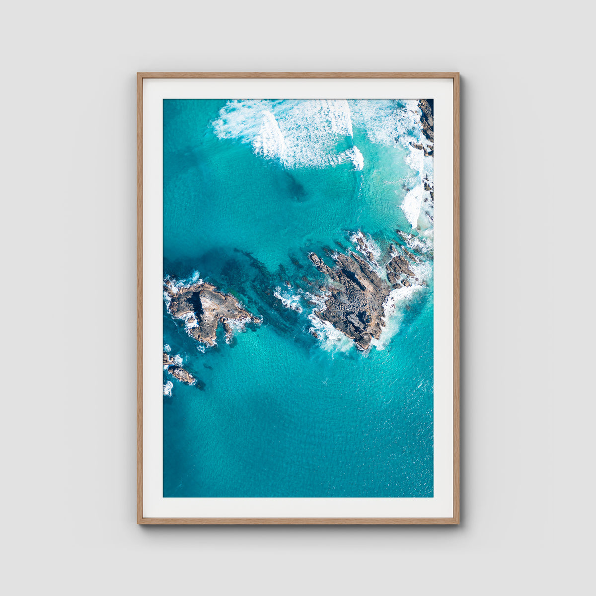 Broken Head Birds Eye - Byron Bay - Art Print - Traditional Frame - Raw Oak - Portrait