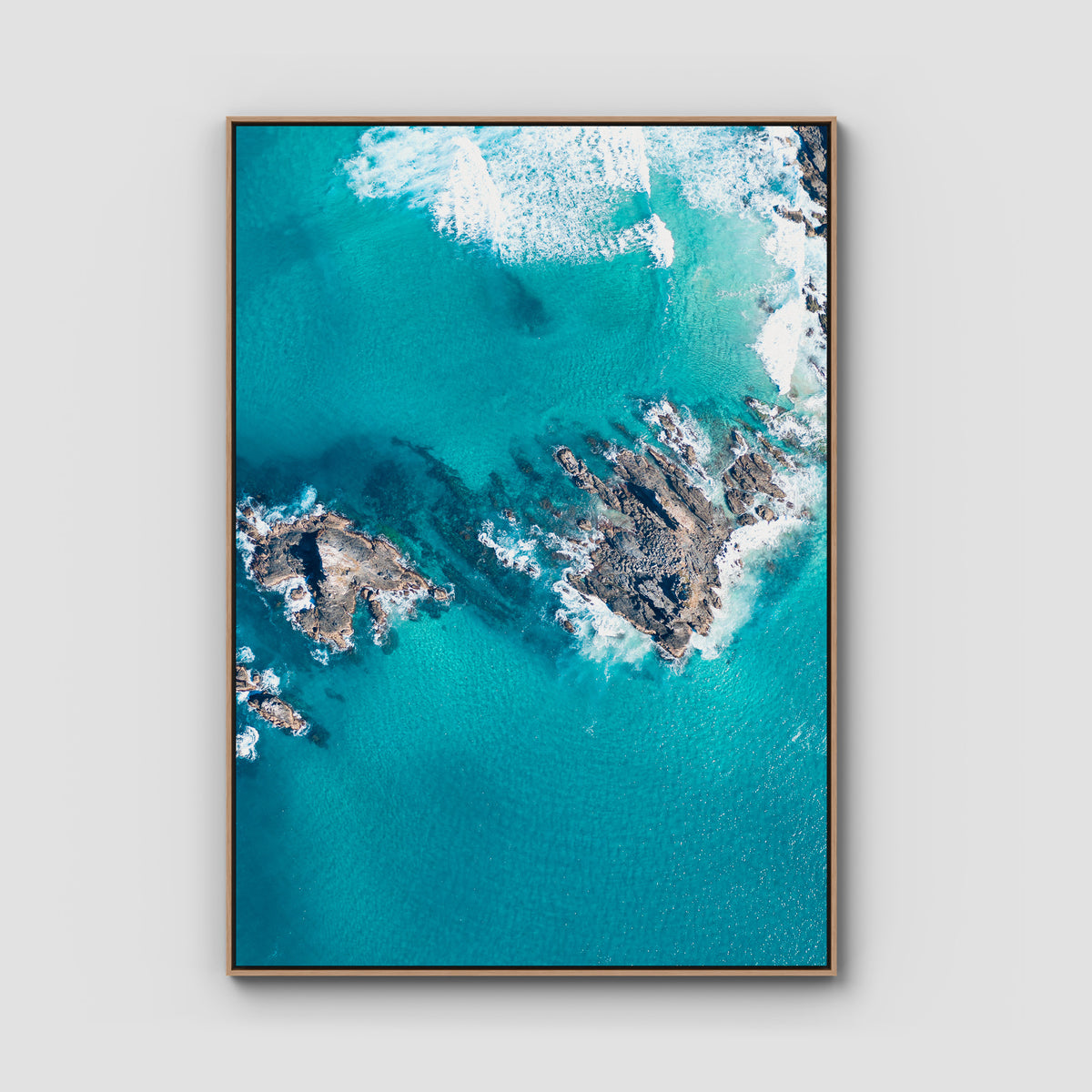 Broken Head Birds Eye - Byron Bay - Art Print - Float Frame Canvas - Raw Oak - Portrait