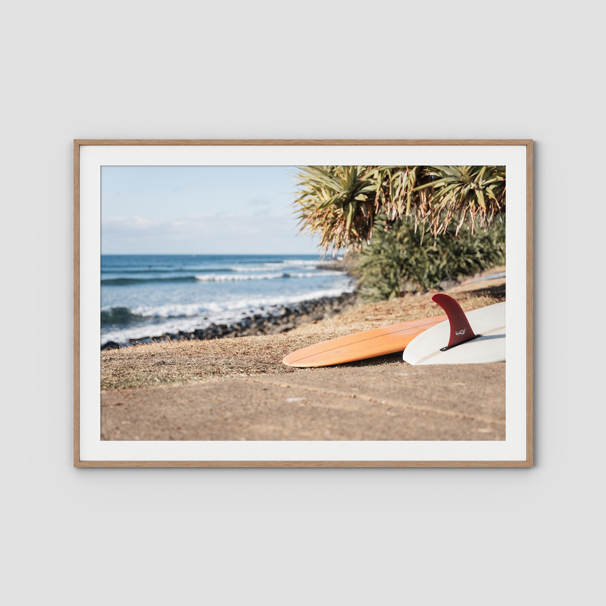 Single Fin Love - Crescent Head - Art Print - Traditional Frame - Raw Oak - Landscape