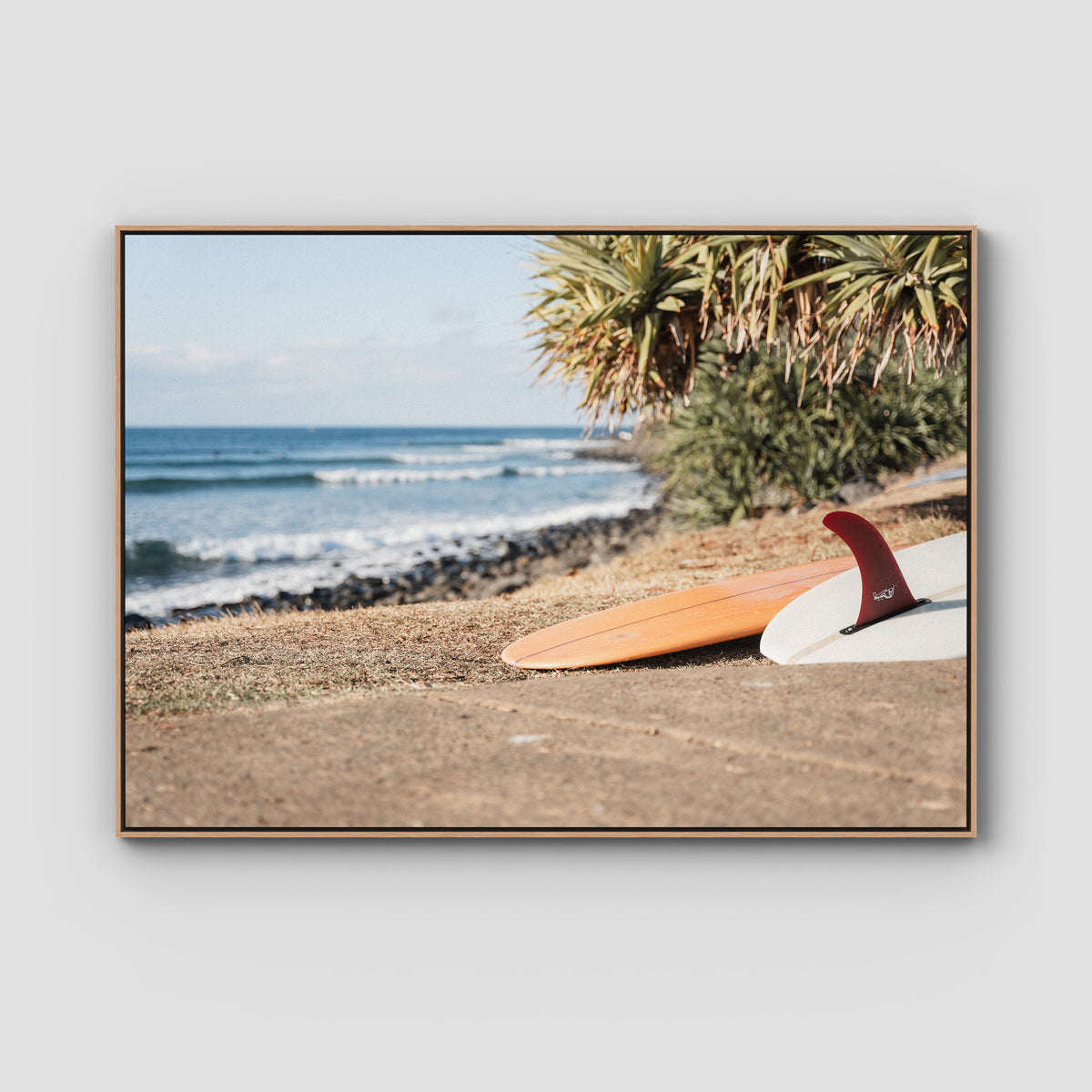 Single Fin Love - Crescent Head - Art Print - Float Frame Canvas - Raw Oak - Landscape