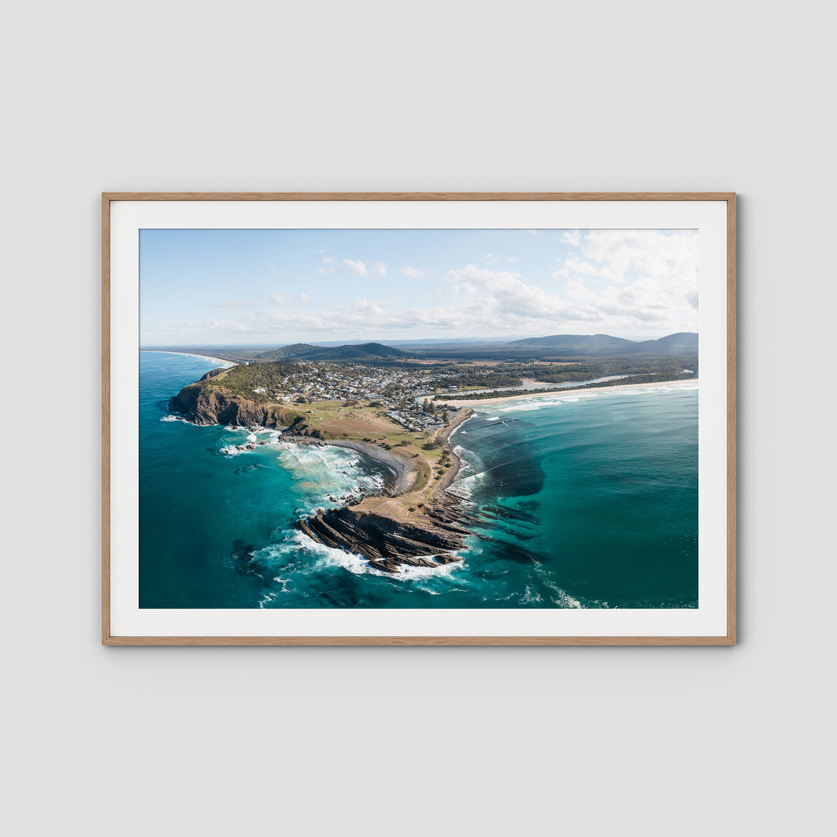 Crescent Head Headland Panorama - Art Print - Traditional Frame - Raw Oak - Landscape