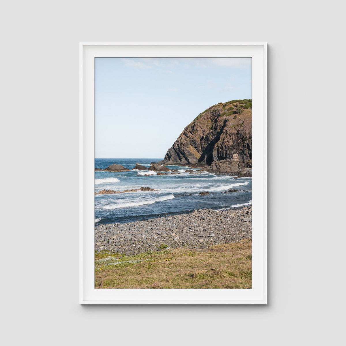 Pebbly Beach - Crescent Head - Art Print - Traditional Frame - White - Portrait