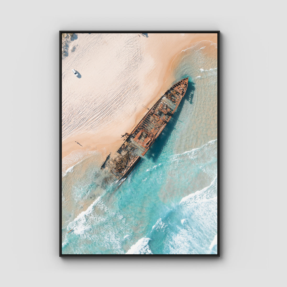 Maheno Shipwreck - Fraser Island - Art Print - Float Frame Canvas - Black - Portrait