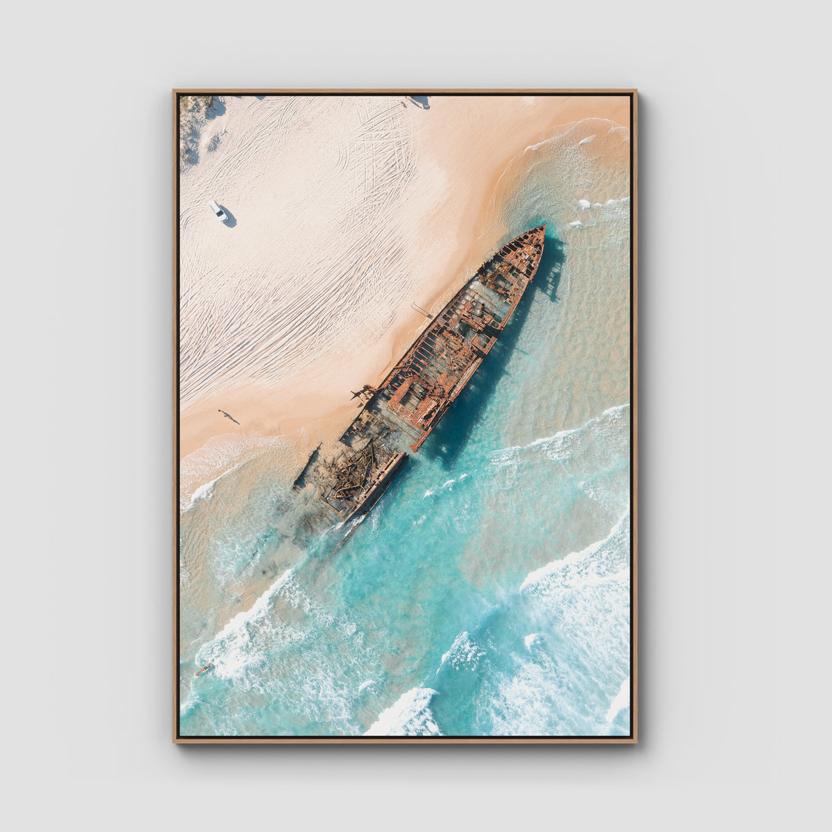 Maheno Shipwreck - Fraser Island - Art Print - Float Frame Canvas - Raw Oak - Portrait