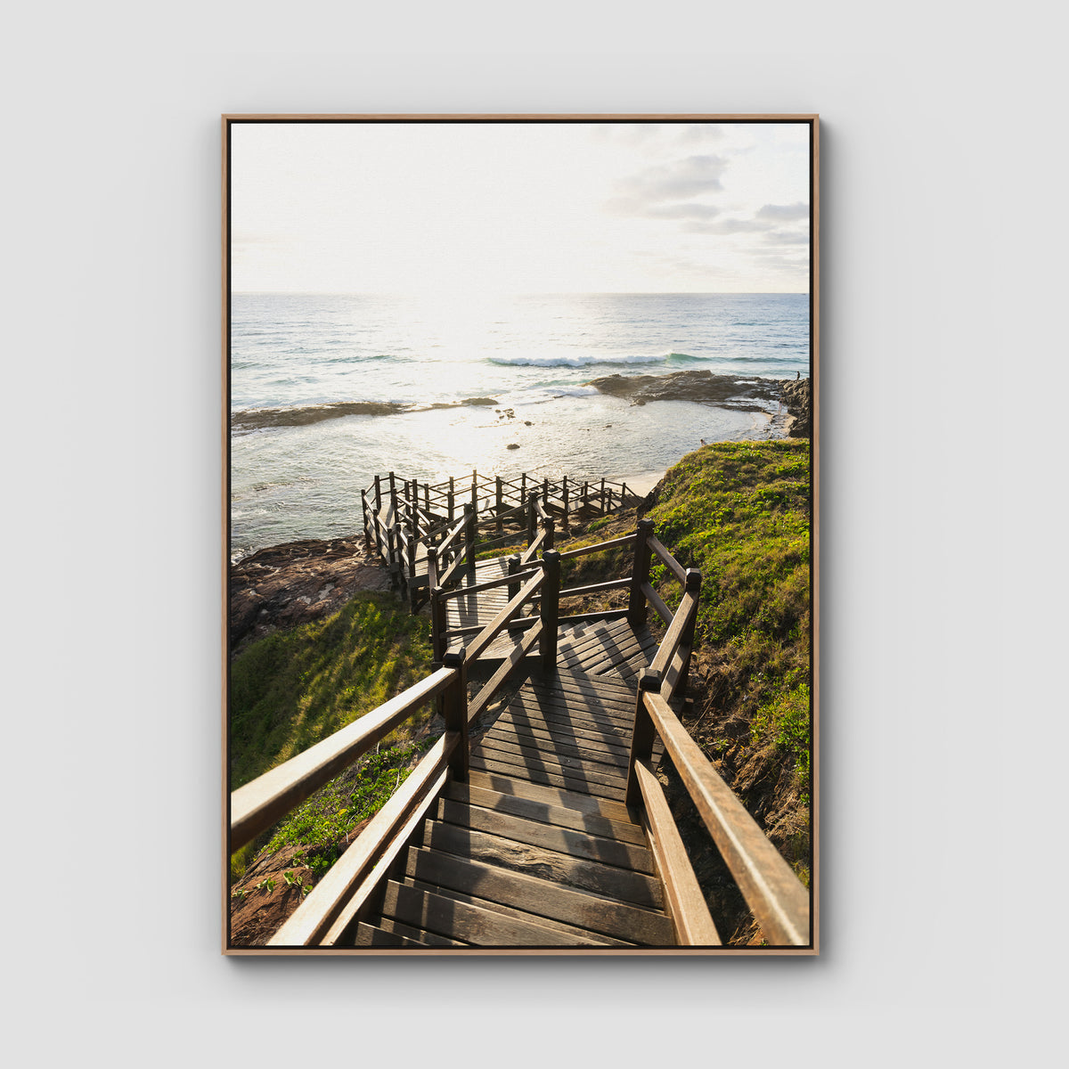 Champagne Pools Stairs - Fraser Island - Art Print - Float Frame Canvas - Raw Oak - Portrait