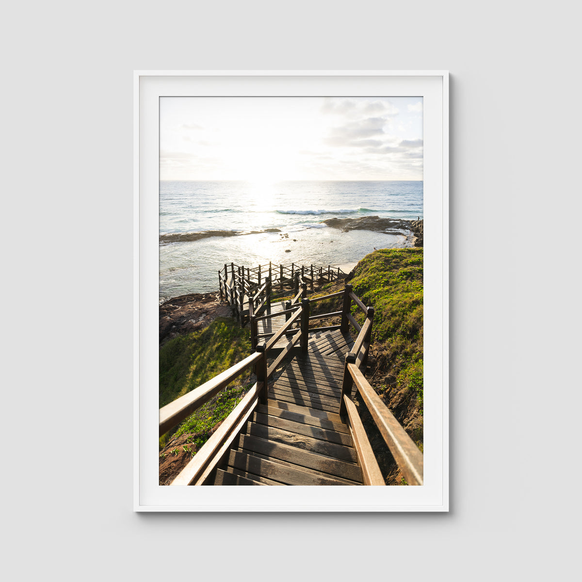 Champagne Pools Stairs - Fraser Island - Art Print - Traditional Frame - White - Portrait