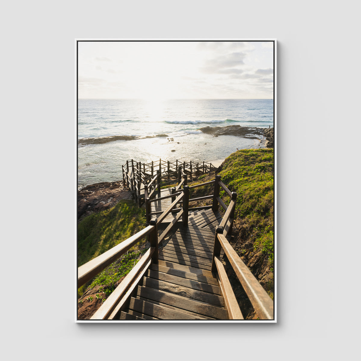 Champagne Pools Stairs - Fraser Island - Art Print - Float Frame Canvas - White - Portrait
