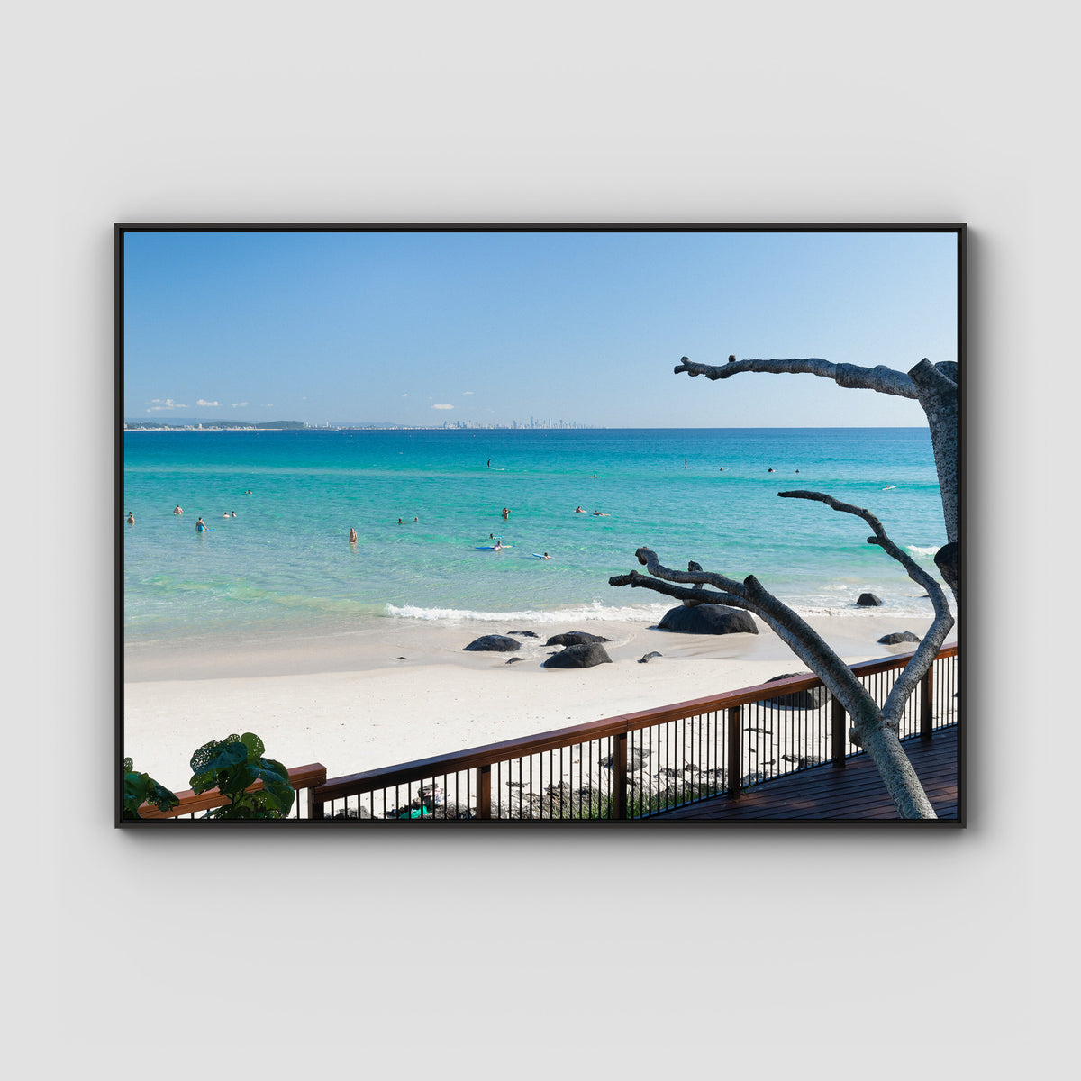 Coolangatta Bathing - Gold Coast - Art Print - Float Frame Canvas - Black - Landscape