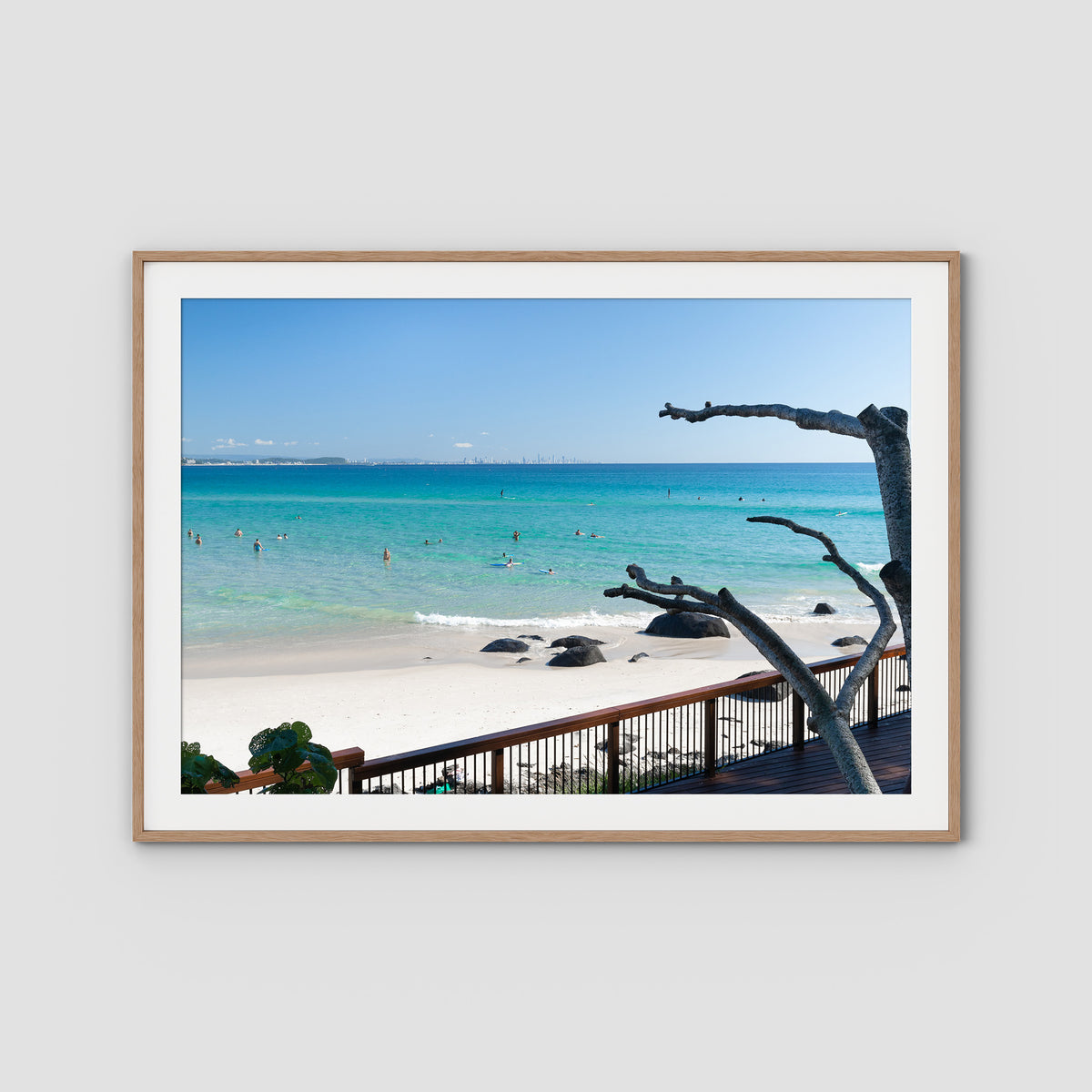 Coolangatta Bathing - Gold Coast - Art Print - Traditional Frame - Raw Oak - Landscape