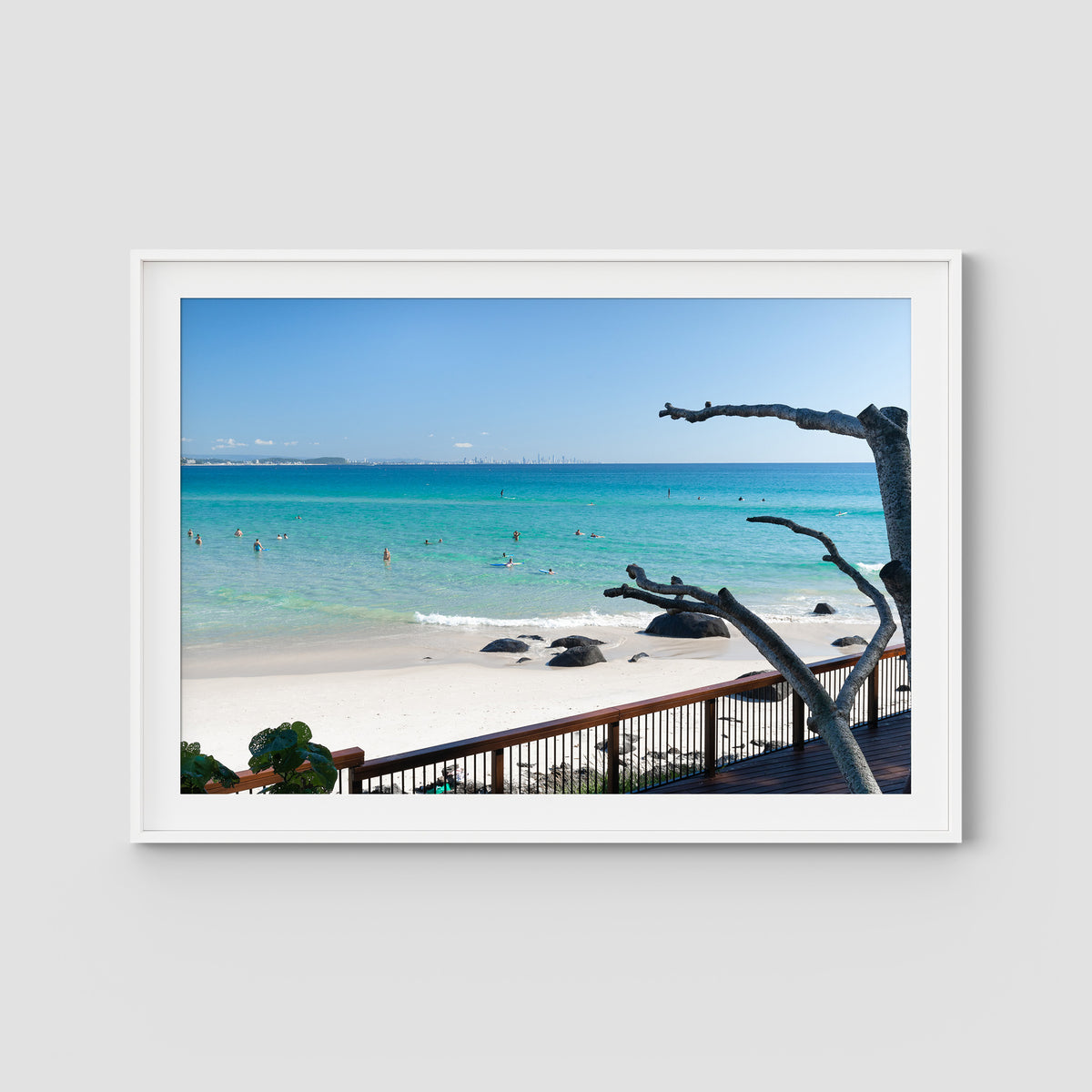 Coolangatta Bathing - Gold Coast - Art Print - Traditional Frame - White - Landscape
