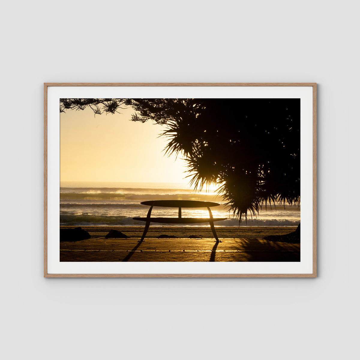 Burleigh Sun &amp; Waves - Gold Coast - Art Print - Traditional Frame - Raw Oak - Landscape