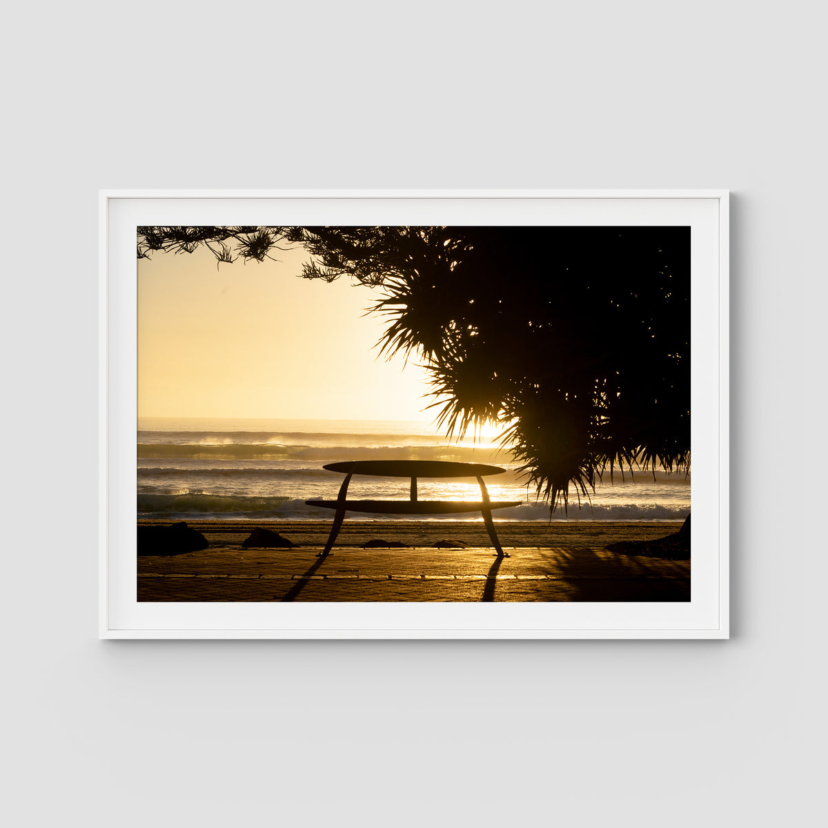 Burleigh Sun &amp; Waves - Gold Coast - Art Print - Traditional Frame - White - Landscape