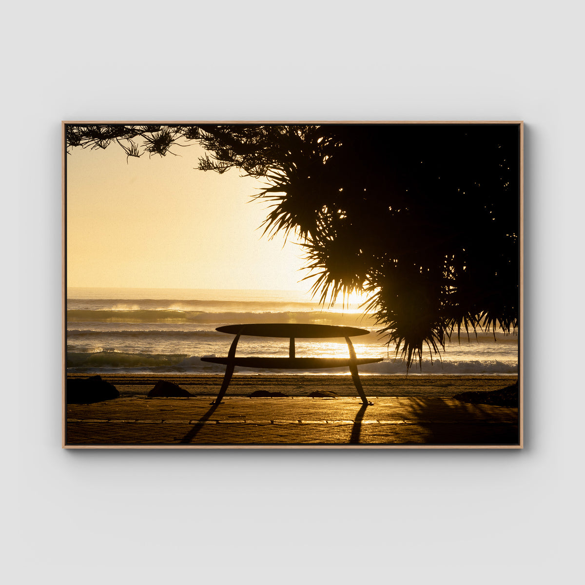Burleigh Sun & Waves - Gold Coast - Art Print - Float Frame Canvas - Raw Oak - Landscape