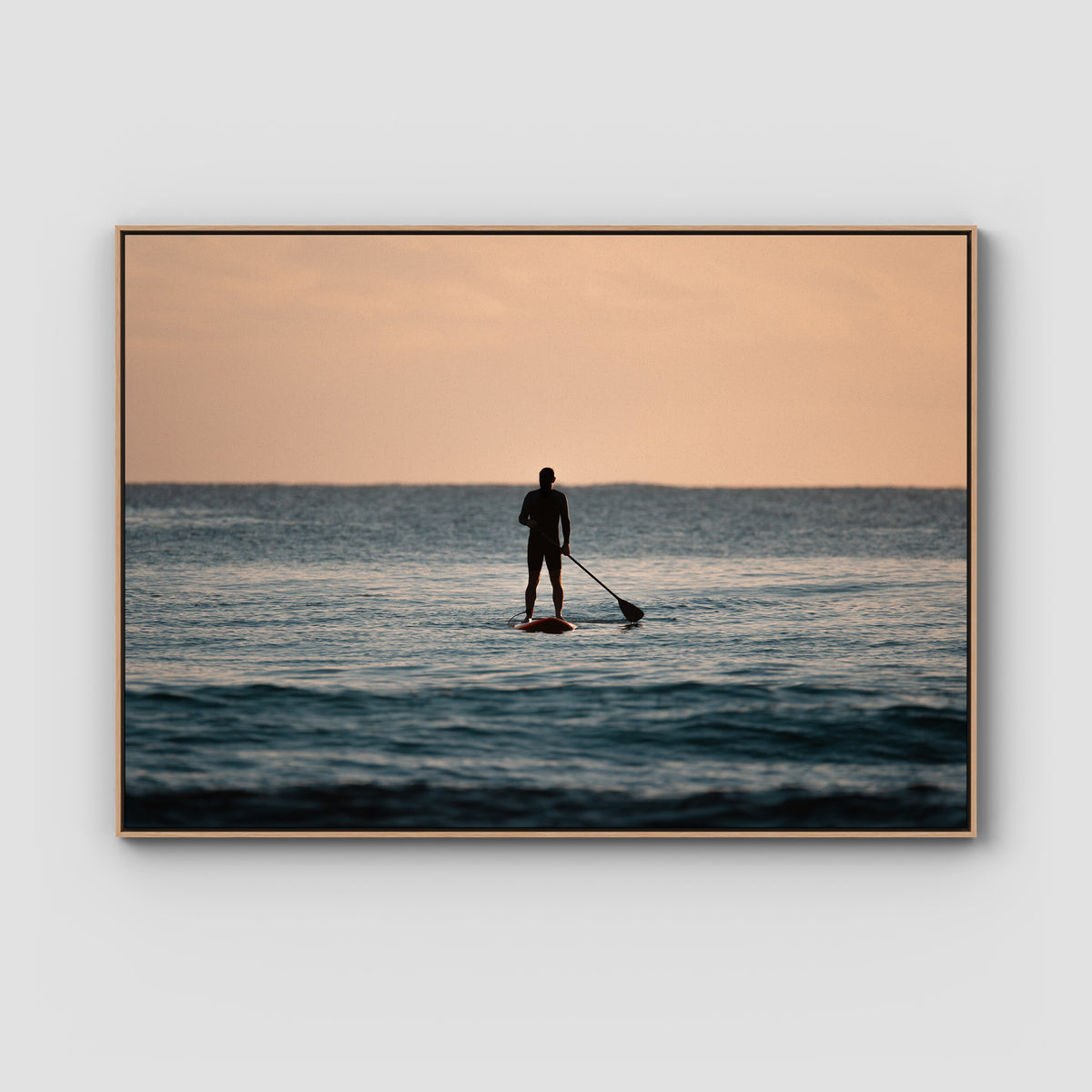 SUP Sunrise - Gold Coast - Art Print - Float Frame Canvas - Raw Oak - Landscape