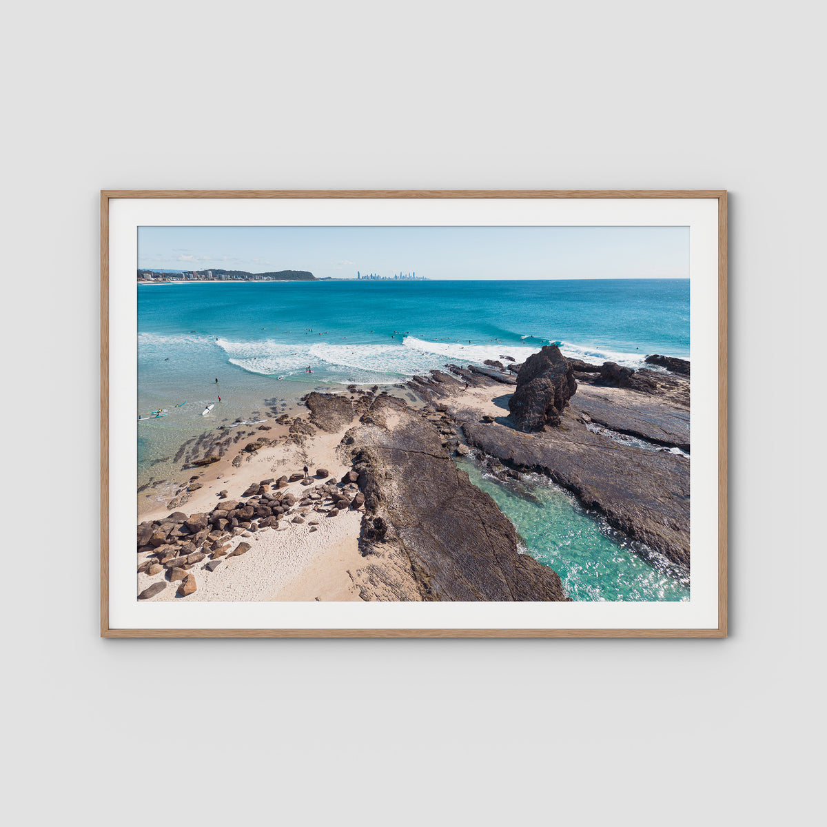 Currumbin Alley Rock Aerial - Gold Coast - Art Print - Traditional Frame - Raw Oak - Landscape