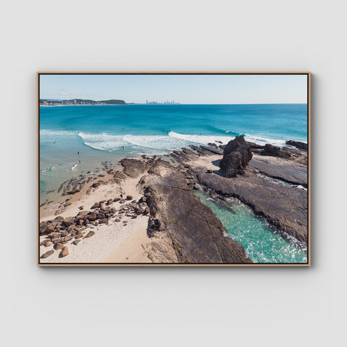 Currumbin Alley Rock Aerial - Gold Coast - Art Print - Float Frame Canvas - Raw Oak - Landscape