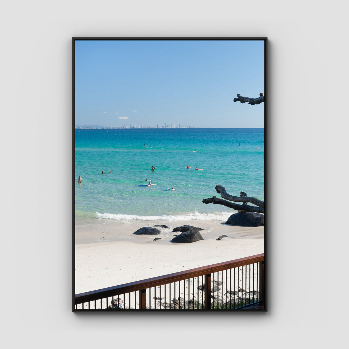 Coolangatta Bathing - Gold Coast - Art Print - Float Frame Canvas - Black - Portrait