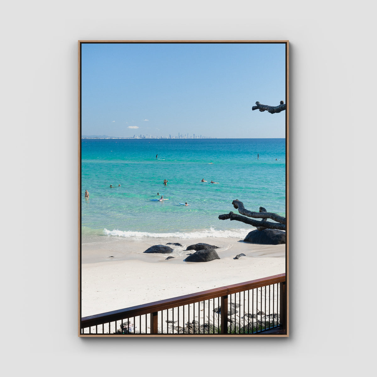 Coolangatta Bathing - Gold Coast - Art Print - Float Frame Canvas - Raw Oak - Portrait
