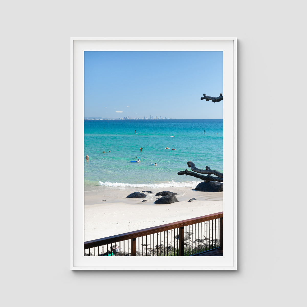 Coolangatta Bathing - Gold Coast - Art Print - Traditional Frame - White - Portrait