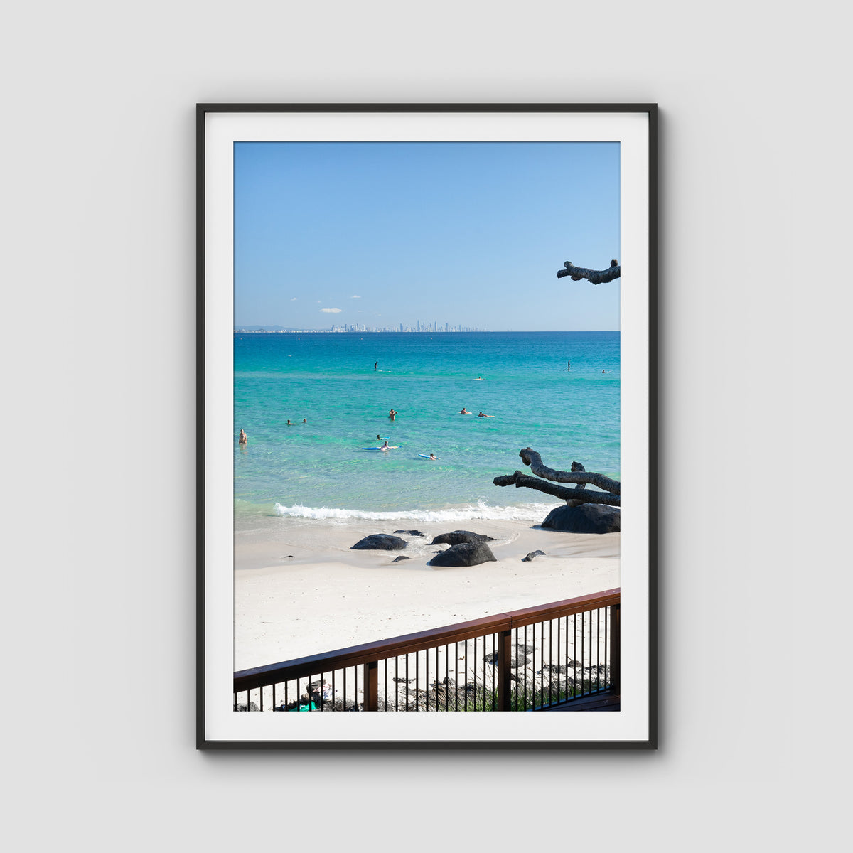 Coolangatta Bathing - Gold Coast - Art Print - Traditional Frame - Black - Portrait