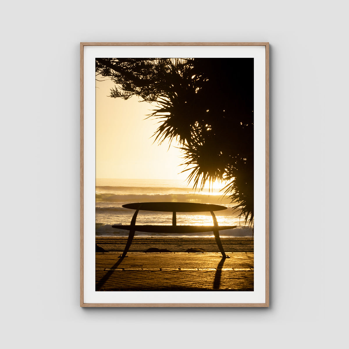 Burleigh Sun &amp; Waves - Gold Coast - Art Print - Traditional Frame - Raw Oak - Portrait