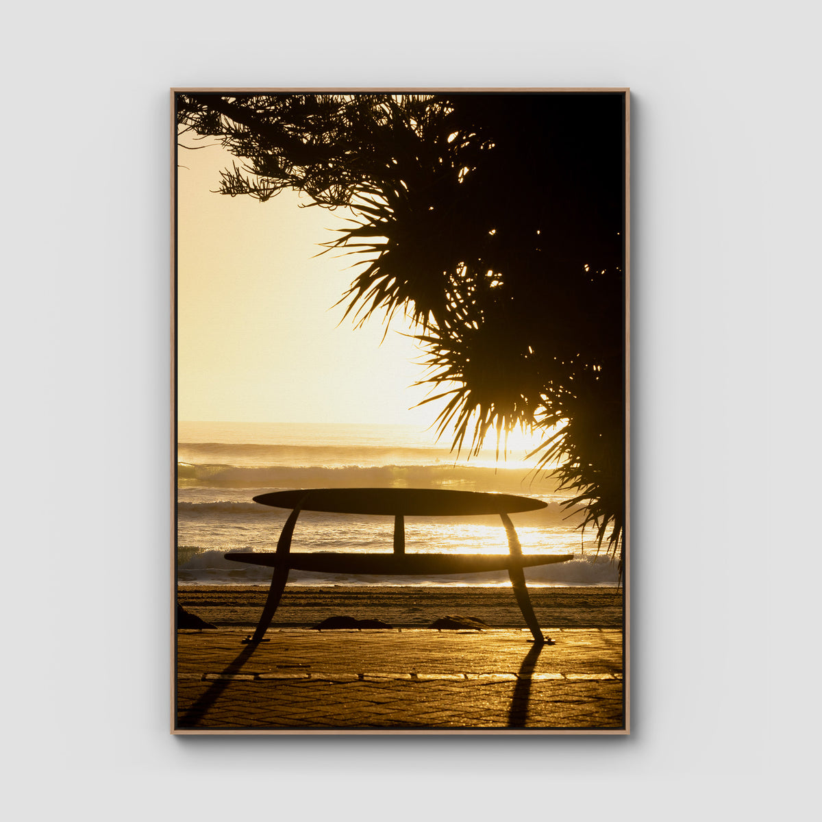 Burleigh Sun &amp; Waves - Gold Coast - Art Print - Float Frame Canvas - Raw Oak - Portrait