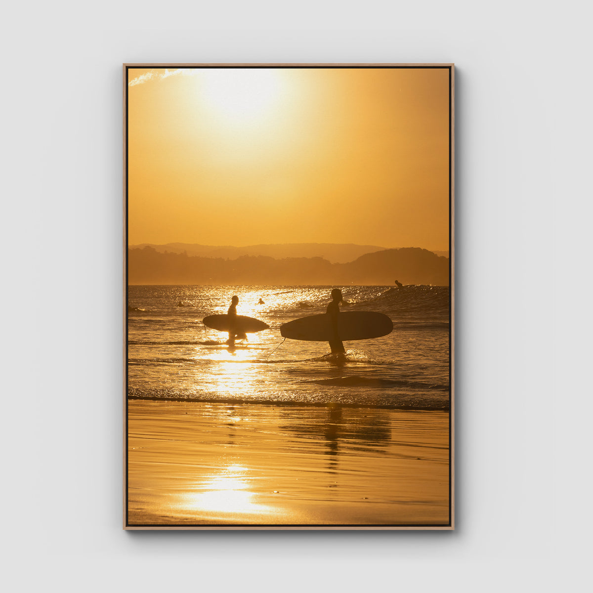 Snapper Rocks Sunset Paddle - Gold Coast - Art Print - Float Frame Canvas - Raw Oak - Portrait