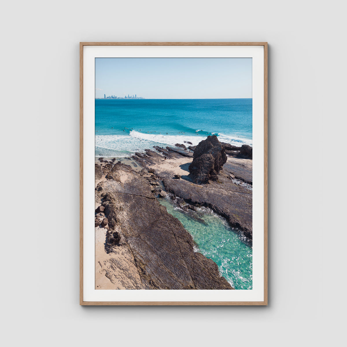 Currumbin Alley Rock Aerial - Gold Coast - Art Print - Traditional Frame - Raw Oak - Portrait