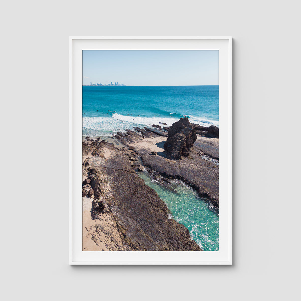 Currumbin Alley Rock Aerial - Gold Coast - Art Print - Traditional Frame - White - Portrait