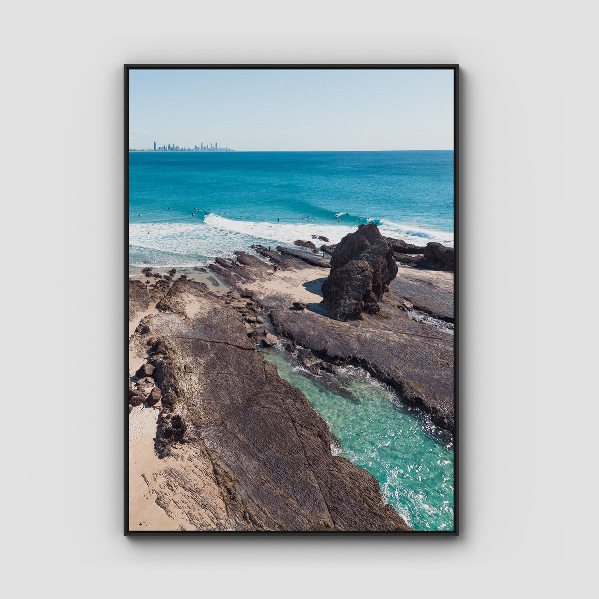 Currumbin Alley Rock Aerial - Gold Coast - Art Print - Float Frame Canvas - Black - Portrait