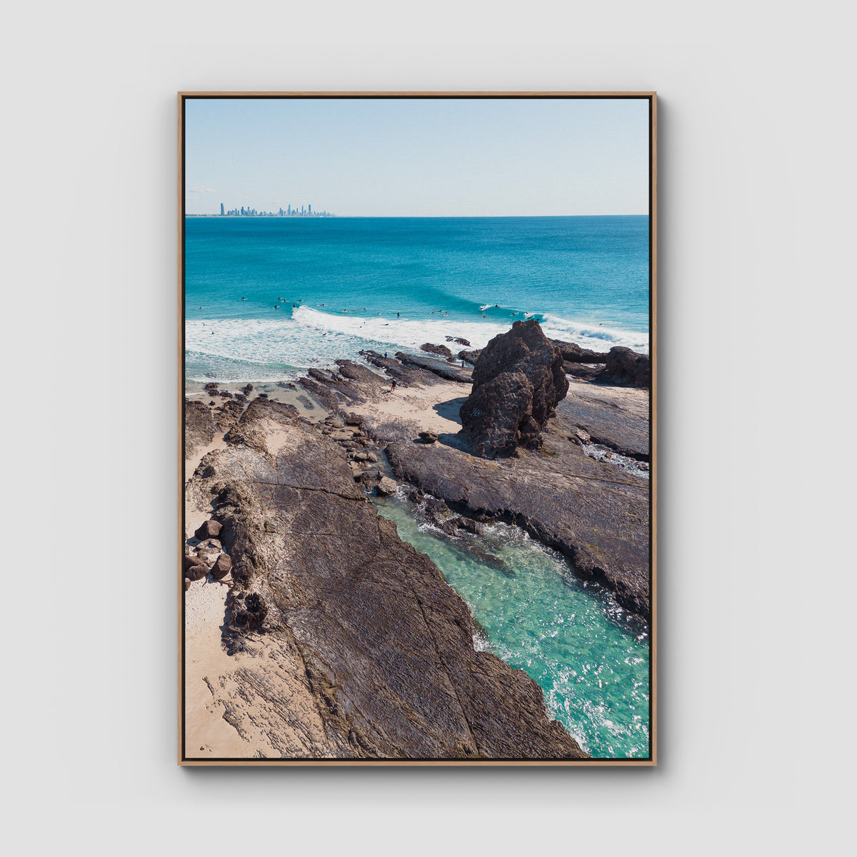 Currumbin Alley Rock Aerial - Gold Coast - Art Print - Float Frame Canvas - Raw Oak - Portrait